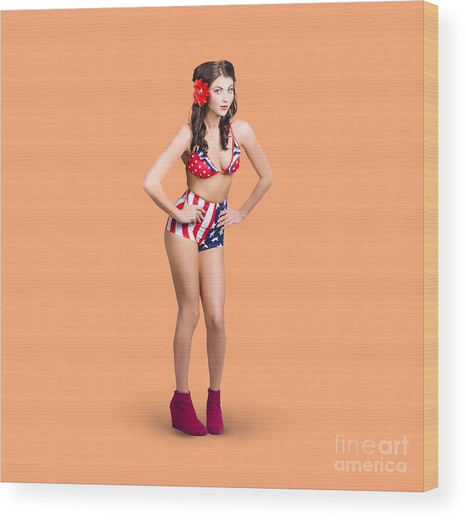 Pinup Wood Print featuring the photograph Full body pin-up girl. American retro style by Jorgo Photography
