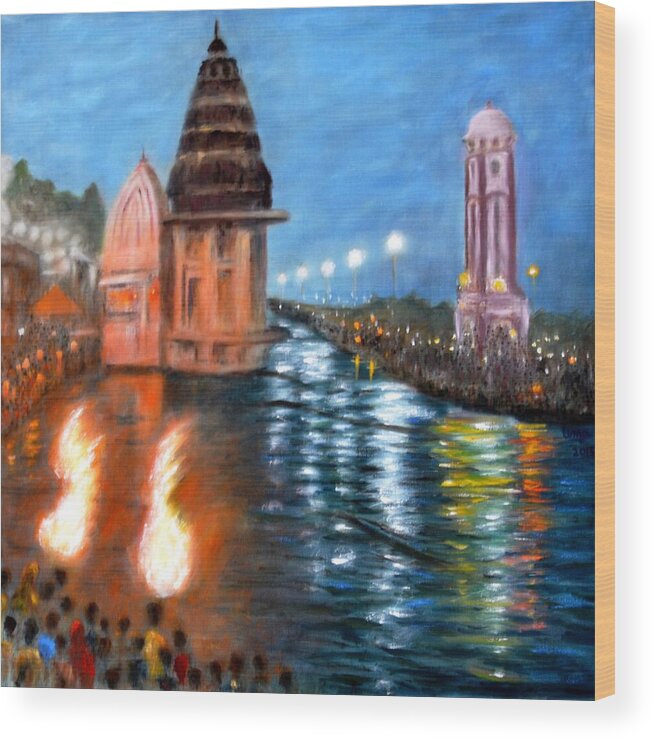 Ganga Aarti Wood Print featuring the painting Ganga Aarti at Haridwar by Uma Krishnamoorthy