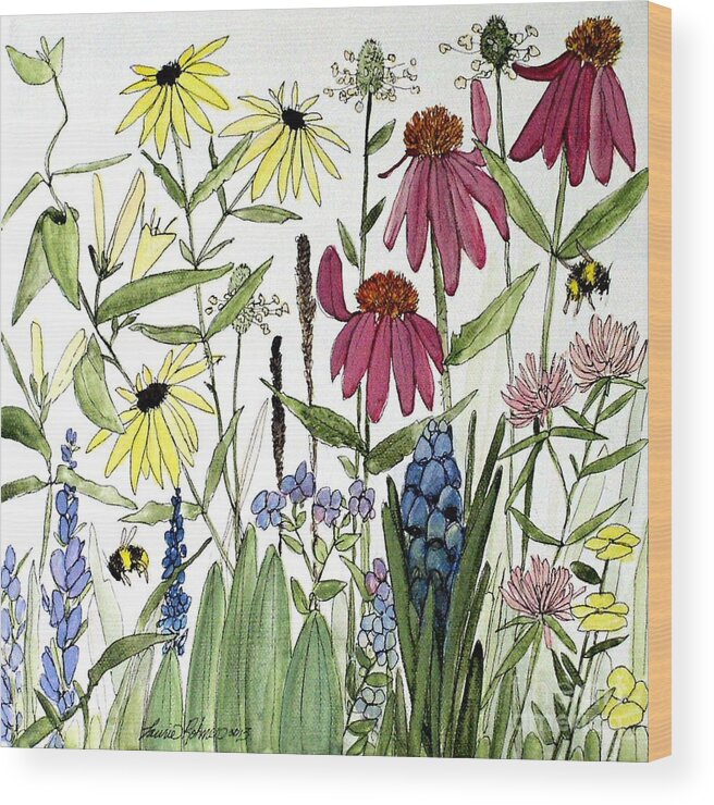 Botanical Wood Print featuring the painting Garden Flowers with Bees by Laurie Rohner