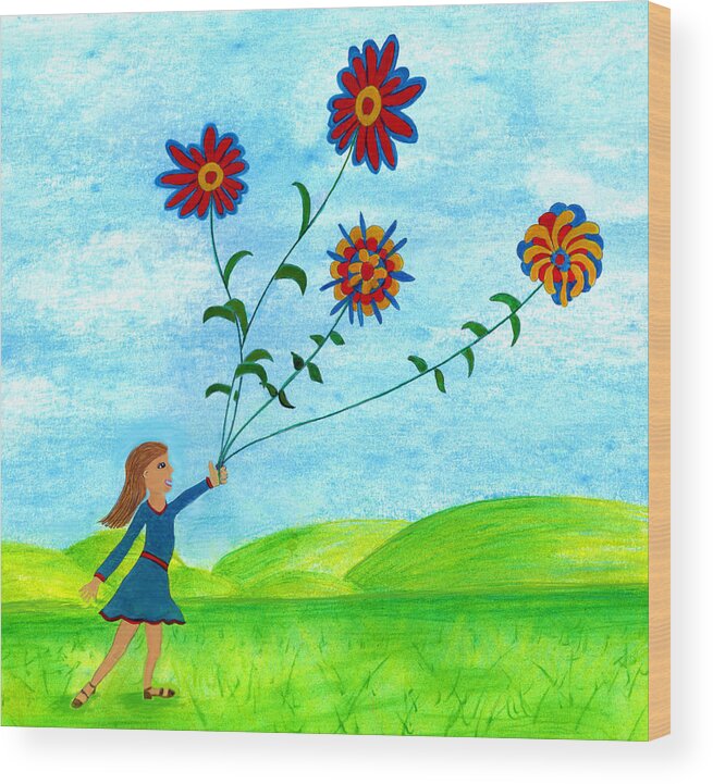 Landscape Wood Print featuring the digital art Girl With Flowers by Christina Wedberg