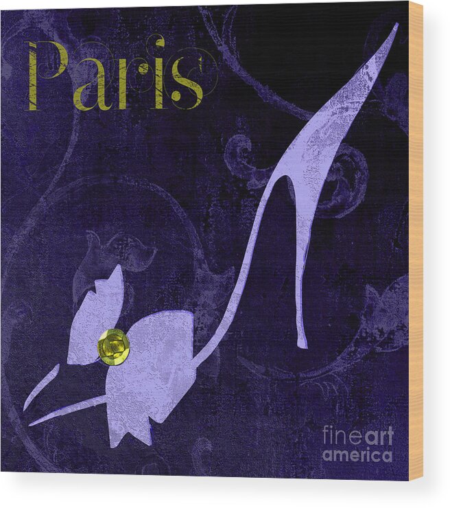 Shoe Wood Print featuring the painting Glamour Paris Blue Shoe by Mindy Sommers