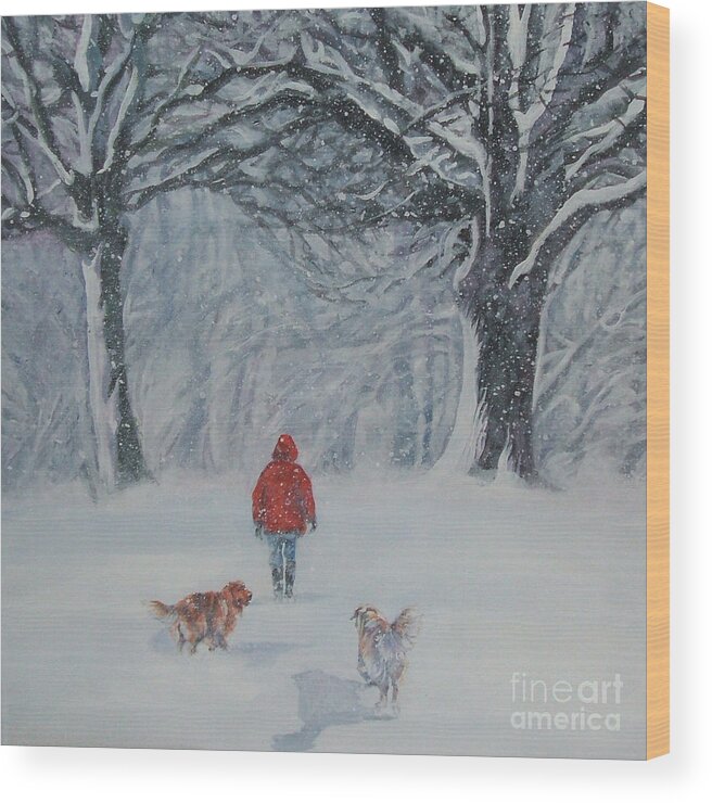Golden Retriever Wood Print featuring the painting Golden Retriever winter walk by Lee Ann Shepard