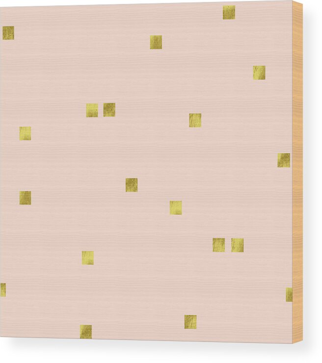 Minimalist Wood Print featuring the digital art Golden scattered confetti pattern, baby pink background by Tina Lavoie