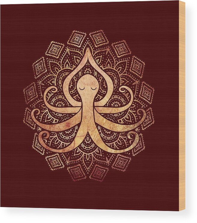 Octopus Wood Print featuring the digital art Golden Zen Octopus Meditating by Laura Ostrowski