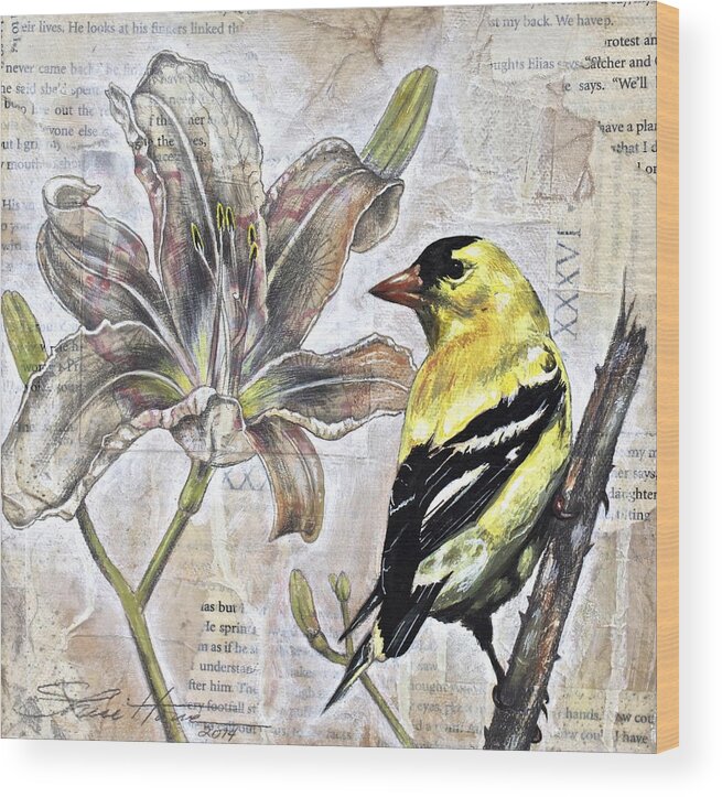 Mixed Media Wood Print featuring the painting Goldfinch and Lily by Sheri Howe