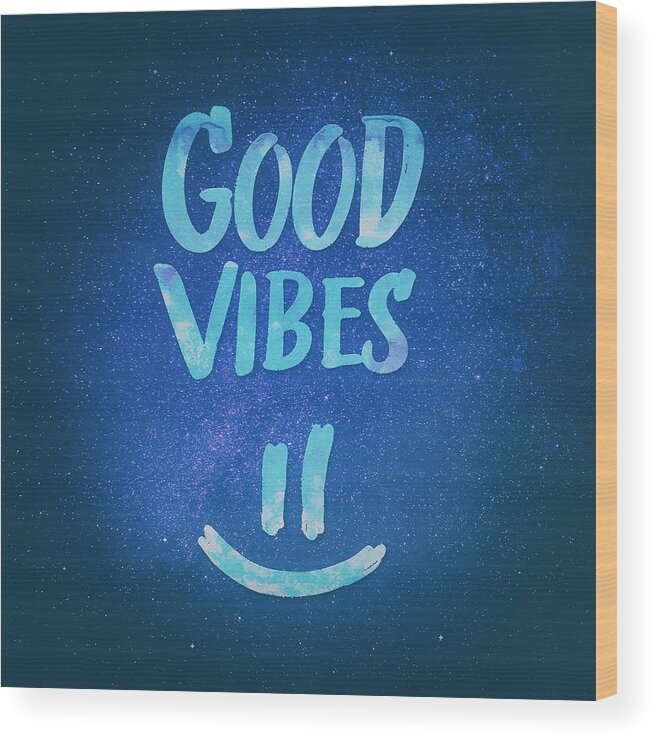 Good Vibes Wood Print featuring the digital art Good Vibes Funny Smiley Statement Happy Face Blue Stars Edit by Philipp Rietz