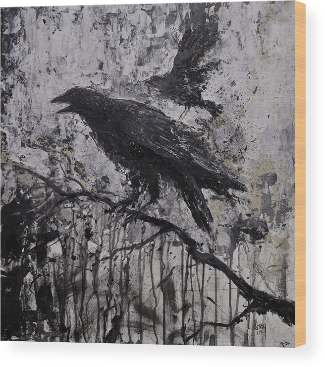 Raven Painting Wood Print featuring the painting Gothic Raven Crow Painting by Gray Artus