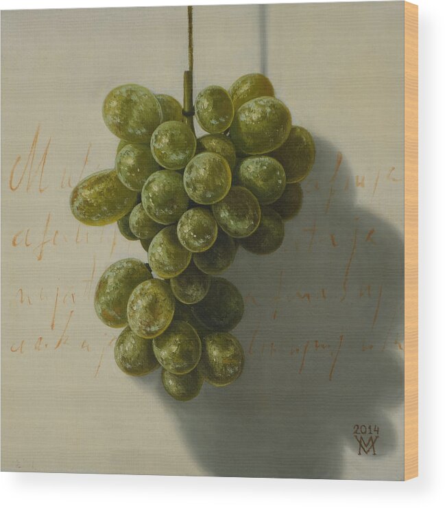 Green Yellow Grapes White Fruit Still Life Wood Print featuring the painting Grapes by Miljan Vasiljevic