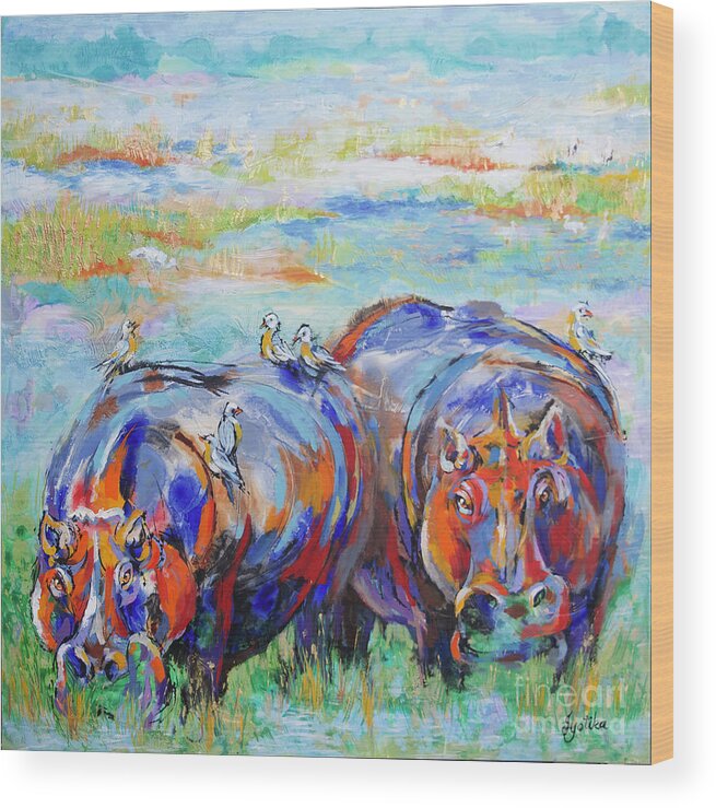 Hippopotamus Wood Print featuring the painting Grazing Hippos by Jyotika Shroff
