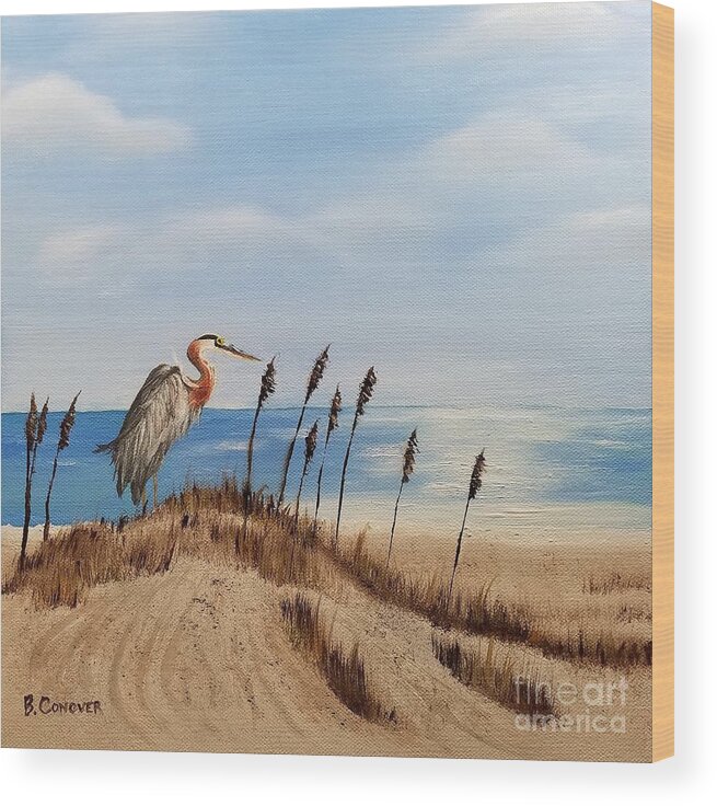 Blue Heron Wood Print featuring the painting Great Blue Heron - Outer Banks by Bev Conover
