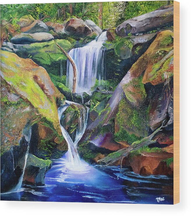 Landscape Wood Print featuring the painting Great Smoky Waterfall by Terry R MacDonald