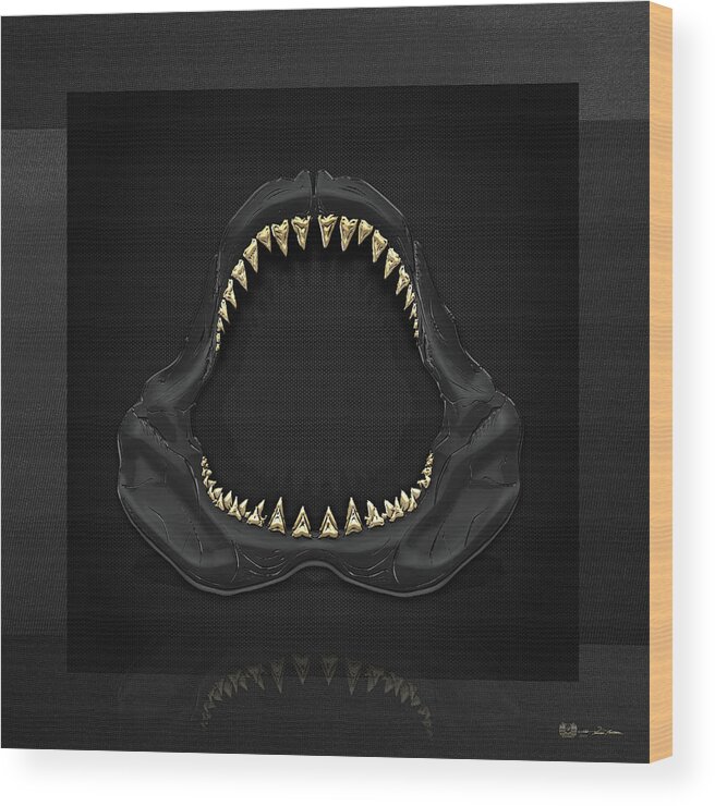 black On Black Collection By Serge Averbukh Wood Print featuring the photograph Great White Shark Jaws with Gold Teeth by Serge Averbukh