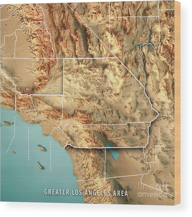 Greater Los Angeles Area Usa 3d Render Topographic Map Border Wood