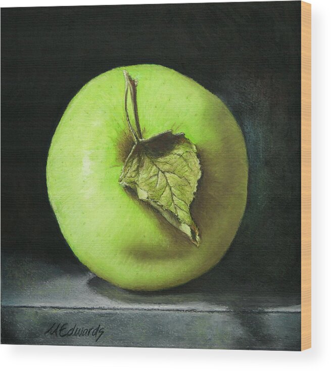 Oil Pastel Wood Print featuring the painting Green Apple with Leaf by Marna Edwards Flavell