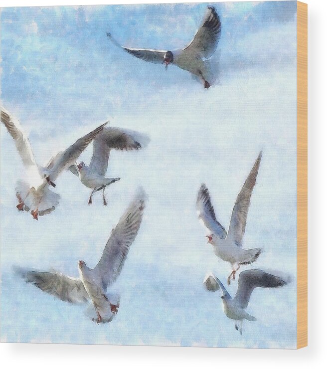 Gull Wood Print featuring the painting Gulls In Flight Watercolor by Taiche Acrylic Art