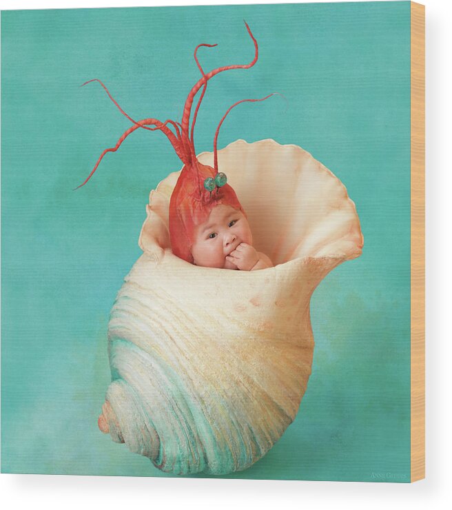 Under The Sea Wood Print featuring the photograph Halle as a Baby Shrimp by Anne Geddes