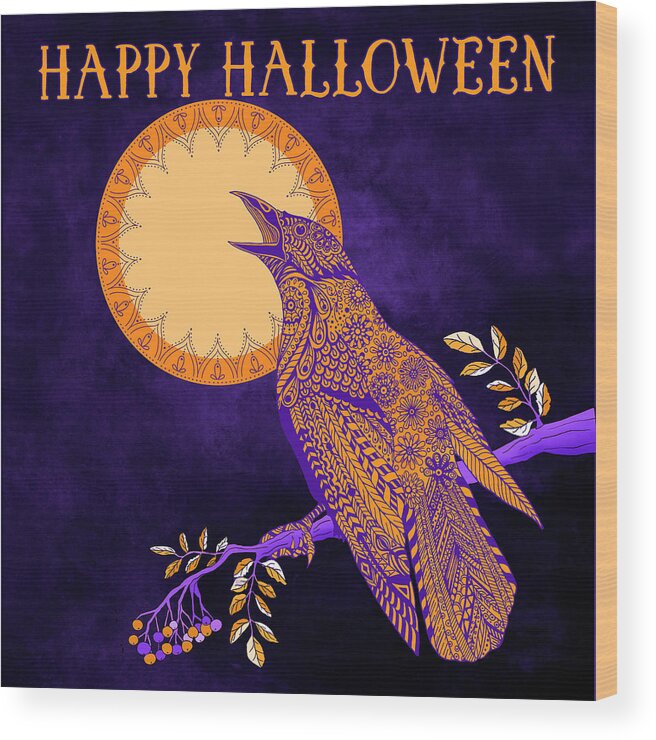 Crow Wood Print featuring the drawing Halloween Crow and Moon by Tammy Wetzel