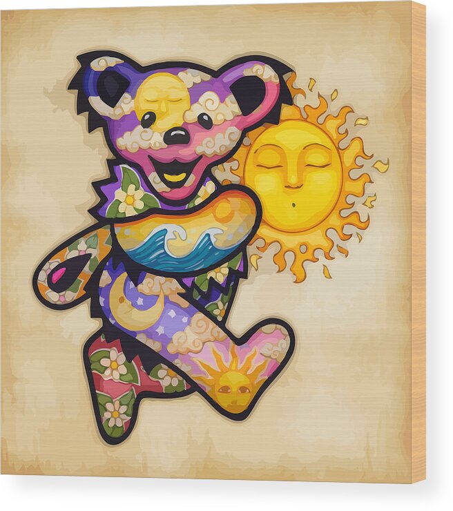 Grateful Dead Wood Print featuring the digital art Happy Bear and Sun by The Bear
