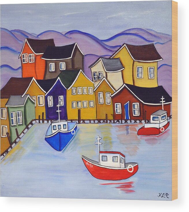 Abstract Wood Print featuring the painting Harbour Village by Heather Lovat-Fraser