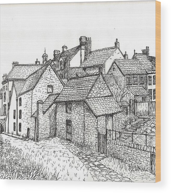 Pen & Ink Wood Print featuring the drawing Hemsley Village - in Yorkshire England by Carol Wisniewski