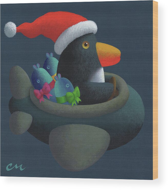 Penguin Wood Print featuring the painting Holiday Cheer by Chris Miles