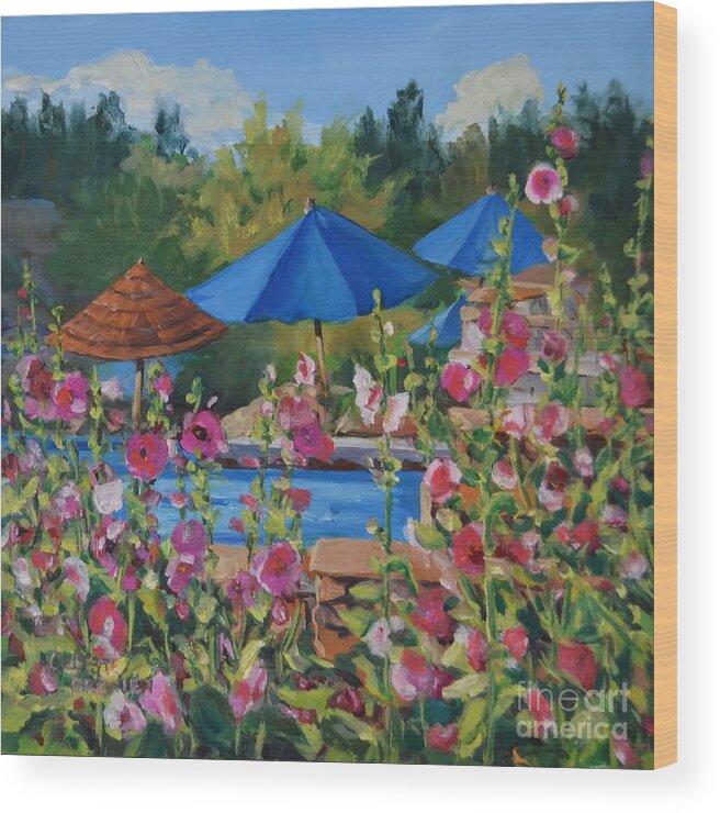 Hollyhock Wood Print featuring the painting Hollyhocks at the Hot Springs by Celeste Drewien