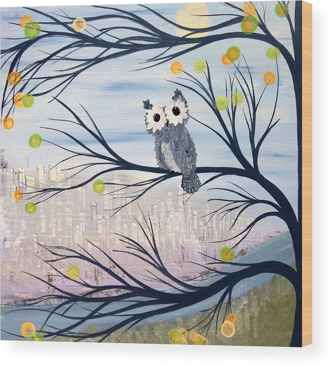 Owl Wood Print featuring the painting Hoos City by MiMi Stirn