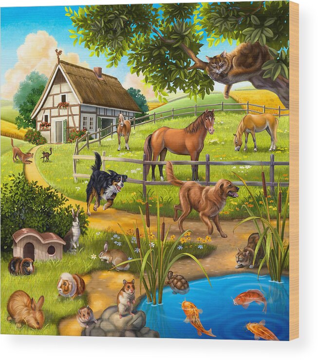 Children's Illustration Wood Print featuring the painting House Animals by Anne Wertheim