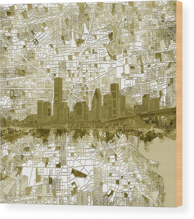 Houston Wood Print featuring the painting Houston Skyline Map 7 by Bekim M