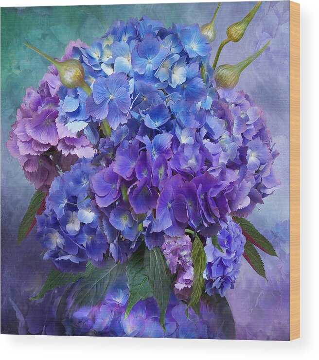 Hydrangea Wood Print featuring the mixed media Hydrangea Bouquet - Square by Carol Cavalaris