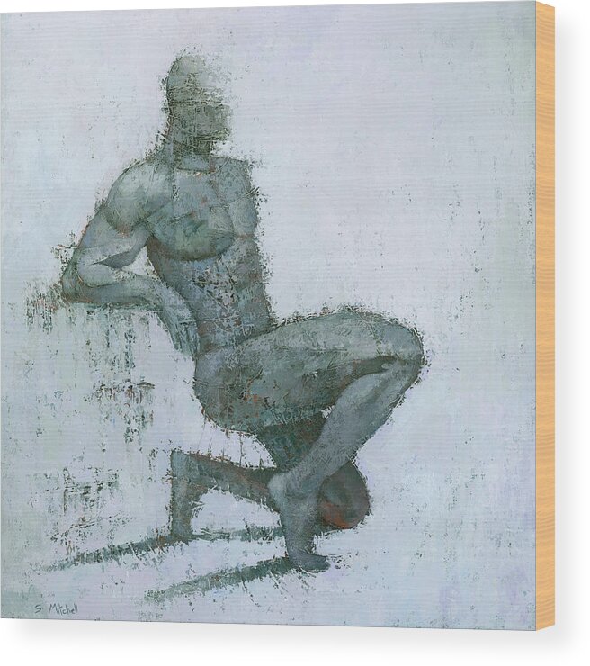 Figurative Original Art Painting Mixed Media Texture Male Man Modern White Grey Wood Print featuring the painting Idrium by Steve Mitchell