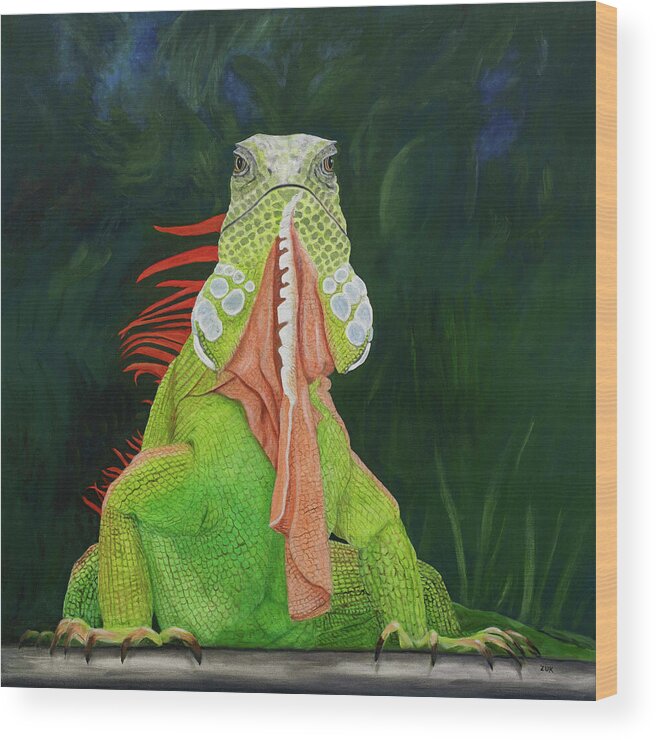 Karen Zuk Rosenblatt Art And Photography Wood Print featuring the painting Iguana Dude by Karen Zuk Rosenblatt