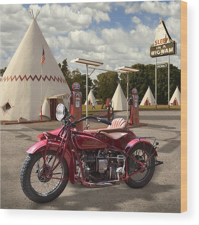 Indian Motorcycle Wood Print featuring the photograph Indian 4 Motorcycle with sidecar by Mike McGlothlen