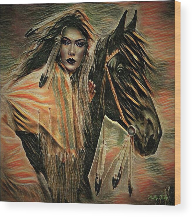 Native American Woman On Horseback Wood Print featuring the digital art American Indian on Horse by Kathy Kelly