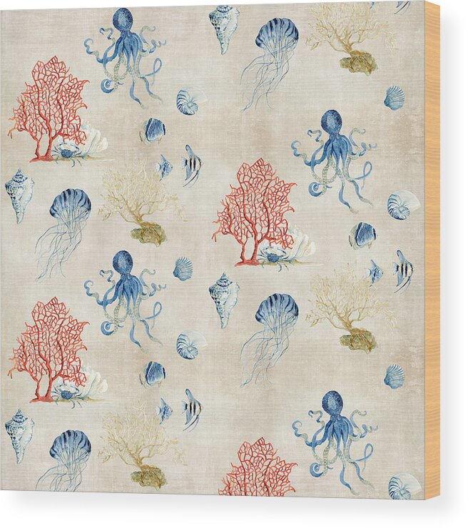Octopus Wood Print featuring the painting Indigo Ocean - Red Coral Octopus Half Drop Pattern by Audrey Jeanne Roberts