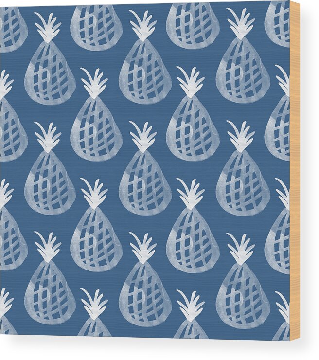 Indigo Wood Print featuring the mixed media Indigo Pineapple Party by Linda Woods