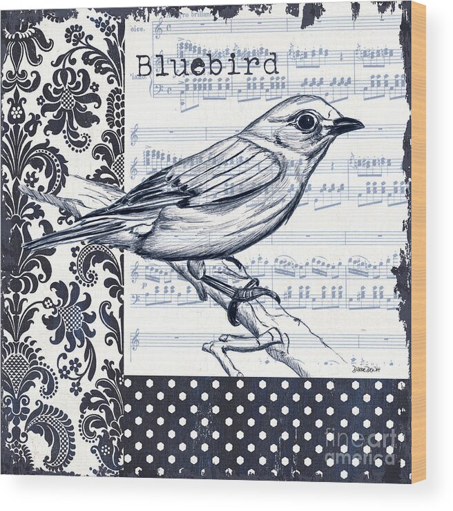 Bird Wood Print featuring the painting Indigo Vintage Songbird 1 by Debbie DeWitt