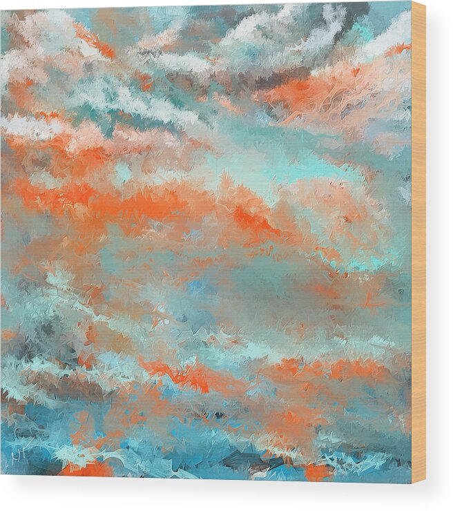 Turquoise And Orange Wood Print featuring the painting Infused Energy- Turquoise And Orange Art by Lourry Legarde