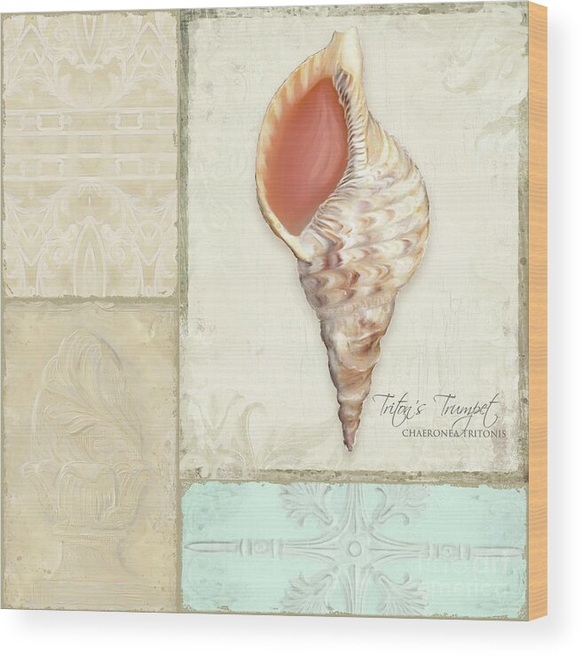 Tritons Trumpet Wood Print featuring the painting Inspired Coast Collage - Triton's Trumpet Shell w Vintage Tile by Audrey Jeanne Roberts