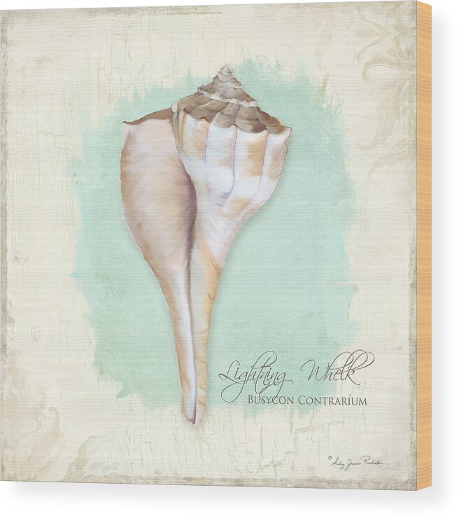 Lightning Whelk Shell Wood Print featuring the painting Inspired Coast VII - Lightning Whelk Shell on Board by Audrey Jeanne Roberts