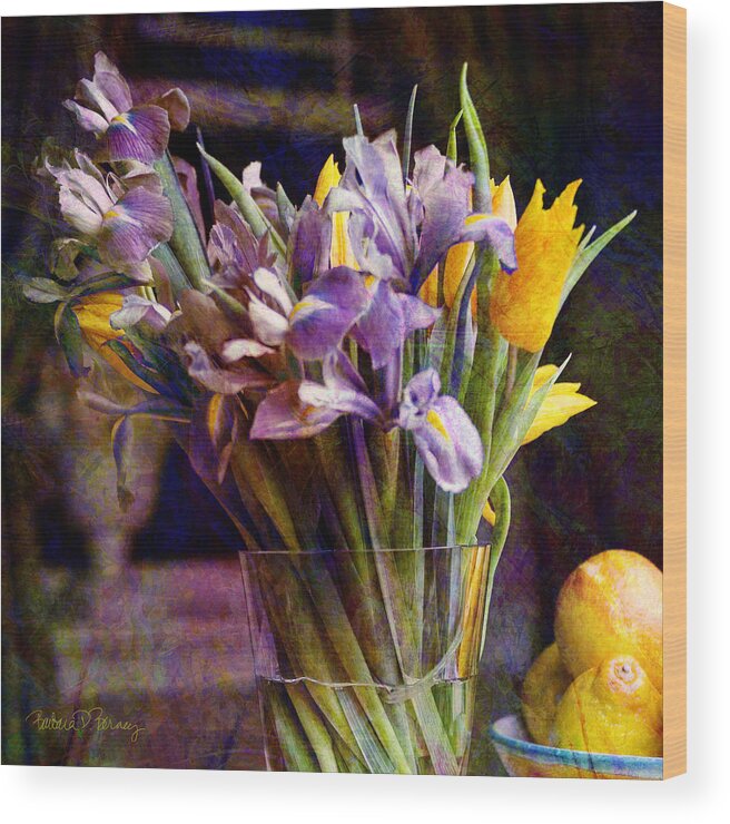 Purple Wood Print featuring the digital art Irises in a Glass by Barbara Berney