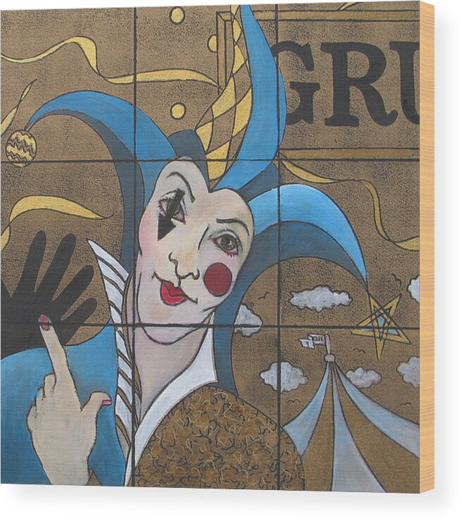 Jester Painting Wood Print featuring the painting Jester In Blue by Susanne Clark