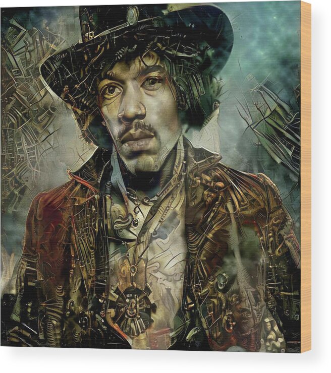 Jimi Hendrix Wood Print featuring the mixed media Jimi Hendrix Steampunk style by Lilia S