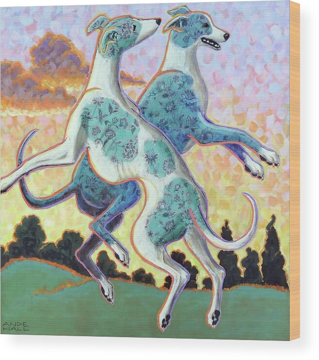 Greyhounds Wood Print featuring the painting JUmping for Joy by Ande Hall