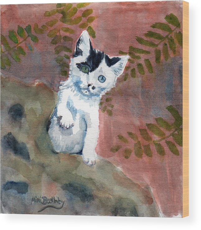 A Sweet Little Odd-eyed White Kitten Rescued In Syria By Alaa Wood Print featuring the painting Junior by Mimi Boothby