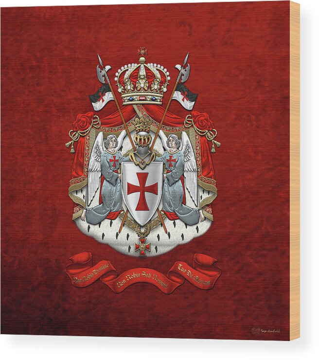 'ancient Brotherhoods' Collection By Serge Averbukh Wood Print featuring the digital art Knights Templar - Coat of Arms over Red Velvet by Serge Averbukh