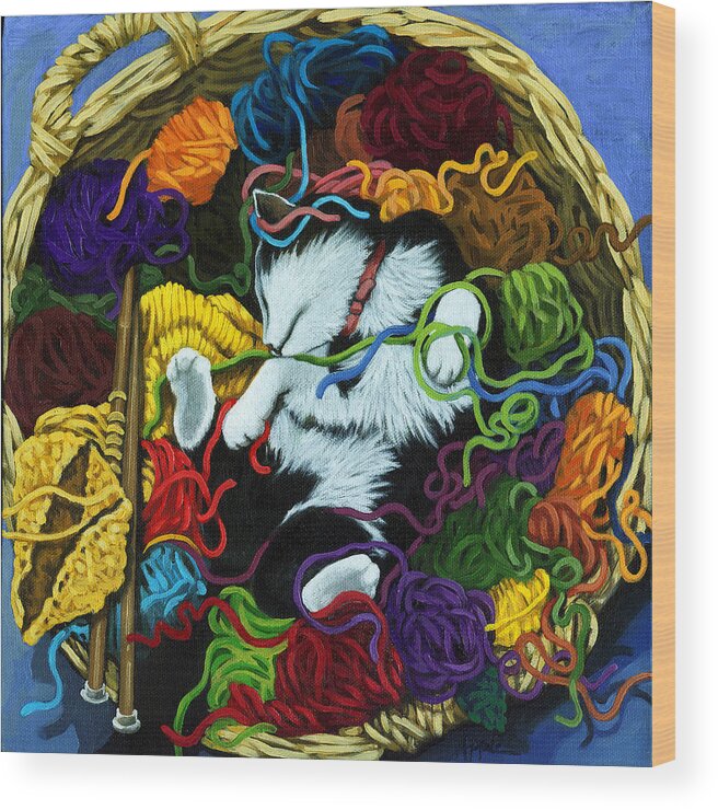 Knitting Wood Print featuring the painting Knitter's Helper - cat painting by Linda Apple