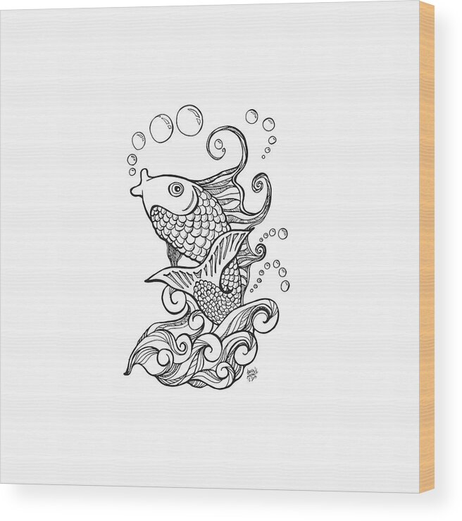 Koi Wood Print featuring the drawing Koi Fish and Water Waves by Laura Ostrowski