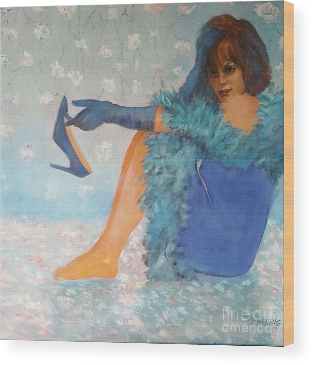 Lady In Blue Dress With Long Gloves Wood Print featuring the painting Lady in Blue by Dagmar Helbig