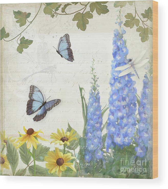 Le Petit Jardin Wood Print featuring the painting Le Petit Jardin 1 - Garden Floral w Butterflies, Dragonflies, Daisies and Delphinium by Audrey Jeanne Roberts
